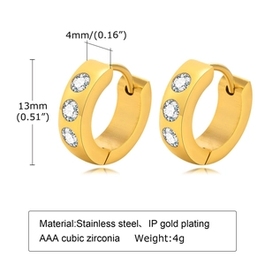 Detailed view of 13mm gold plated stainless steel hoops with AAA cubic zirconia stones