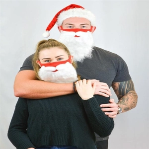 Adult Christmas set with red plush hat and festive white beard mask on male and female models