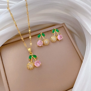 Cherry Jewelry Necklace And Stud Earrings Pink Zircon Titanium Steel Copper For Women Sweet Elegant Accessories Gift