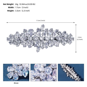 Détails de la barrette en zircon argenté montrant les dimensions et la structure du clip