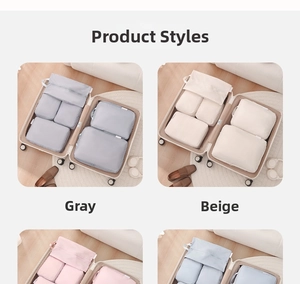 Detail of grey and beige waterproof travel organizers packed in a suitcase for luggage