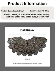 Size chart for sequin mesh shawl showing 88x43cm dimensions and weight capacity