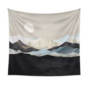 Detail of modern abstract mountain tapestry with marble textures and golden lines
