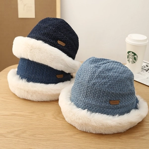 Damen Winter Fischerhut Waffelstrick Warm Dick Kunstpelzbesatz Winddicht Koreanischer Stil Weich Plüsch Elegant