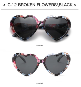 Macro detail of heart-shaped sunglasses in black broken flower texture and resin frame
