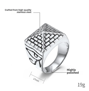 Macro view of Egyptian Pharaoh ring showing 17mm width and Eye of Horus engraving
