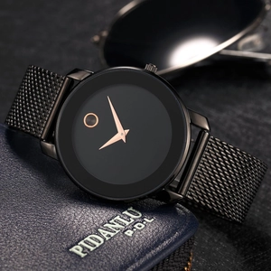 Classic ultra-thin black mesh band watch with rose gold dial details on leather wallet