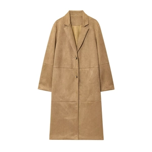 Cappotto Lungo In Finta Pelle Scamosciata Donna Elegante Risvolto Doppiopetto Trench Casual Cachi