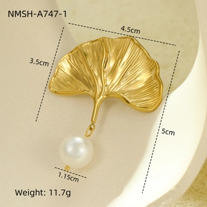 Gold ginkgo leaf stainless steel scarf clip and ring with pearl pendant dimensions