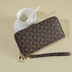 Brown long wallet with geometric print, double zippers, wrist strap and large capacity