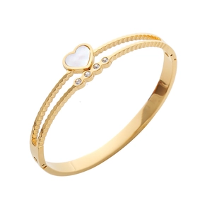 Gold stainless steel heart shell bracelet with layered wave band and zircon accents