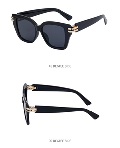 Detailansicht der schwarzen quadratischen Sonnenbrille mit gold gestreiften Scharnieren