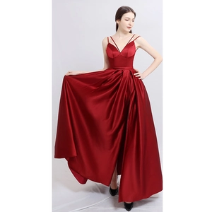 Elegant wine red satin long evening dress with thin straps, V-neck, and side slit detail