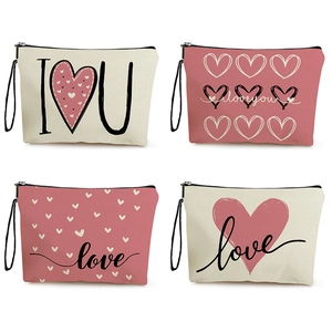 Herz Druck Make-up Tasche Feines Leinen Tragbare Kosmetiktasche Mit Reißverschluss Und Handschlaufe Für Reisen