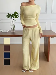 Women Long Sleeve Off Shoulder Top And Wide Leg Pants Textured Crinkle Knit Casual Vacation Streetwear Solid Color