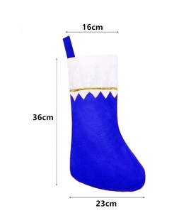 Detailed size specifications for blue Christmas stocking with white gold trim cuff