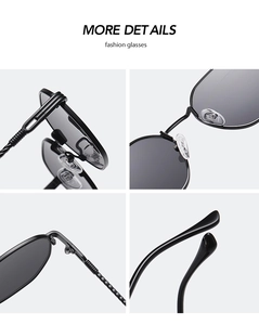 Detailed views of metal hinges and silicone nose pads on black fashion sunglasses
