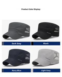 Detail view of quick-dry mesh flat top hats in dark grey, black, navy, and light grey
