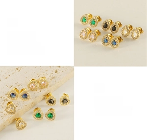 Detail view of double-layer stainless steel earrings with square zircon and gold plating