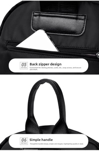 Detail of waterproof nylon backpack with anti-theft back pocket and reinforced handle
