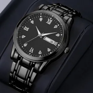 Macro view of ORUSS black stainless steel watch dial with day-date window and Roman numerals