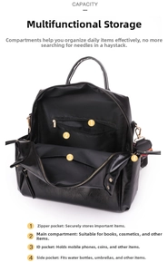 Detailed view of the black PU leather backpack showing multiple interior pockets and gold zippers