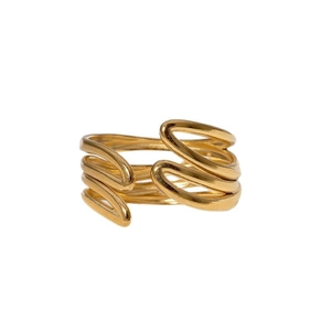 Minimalist gold stainless steel open ring with layered geometric lines and adjustable band