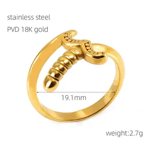 Macro shot of an adjustable 18K gold-plated stainless steel ring with a unique phallic shape