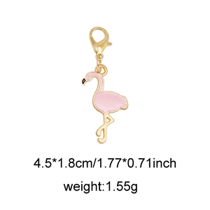 Detailed view of pink enamel flamingo charm with gold lobster clasp and size measurements