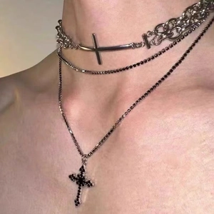 Dark style layered cross necklace with metal chain and black bead choker for unisex wear