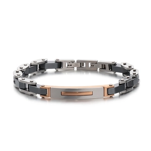 Three-tone stainless steel men's bracelet in black, silver, and rose gold finishes