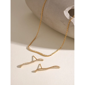 18k gold plated wave pendant necklace and stud earrings jewelry set with white crystals