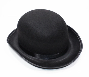 Detailed view of black felt bowler hat with a rounded crown and curved brim for costumes