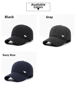 Detailed close-up of wool blend baseball caps in black, grey, and navy with metal logo