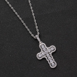 Hip hop silver cross pendant necklace with round zircons and twisted rope chain