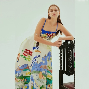 Elegant spaghetti strap long dress with colorful graffiti print on light cotton linen fabric