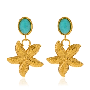 Golden starfish dangle earrings with turquoise stones in a beach vacation ocean style