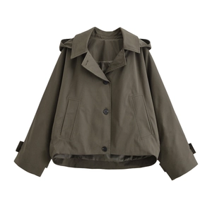 Deep olive green hooded cape-style jacket with button closure and cargo pockets