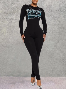 Body noir à manches longues avec imprimé vintage et détail de chaîne argentée chic