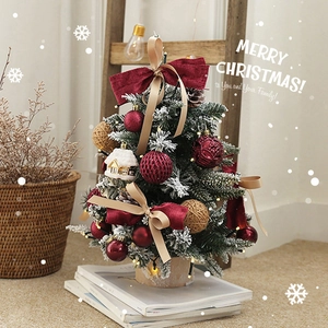 Mini tabletop Christmas tree with snow flocking and LED warm lights for home decor