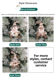Detailed view of knitted Christmas snowman and reindeer plush pendants with snowflakes