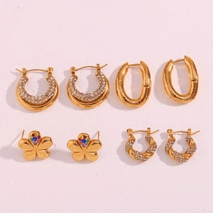 Set of four pairs of 18K gold plated earrings with micro-inlaid floral and hoop designs