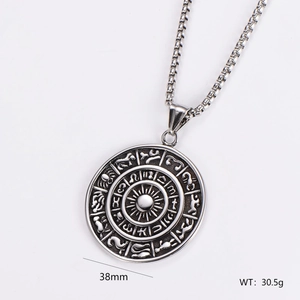 Vintage stainless steel round pendant necklace with embossed relief and relic finish