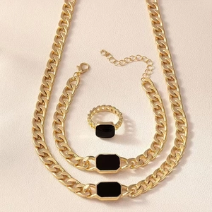 Golden Cuban chain jewelry set with black rectangular stones featuring necklace and ring