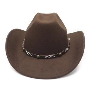 Detail of brown wool cowboy hat with studded leather band and side ventilation eyelets