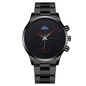 Fashionable men's black stainless steel watch with moon phase and dual sub-dials