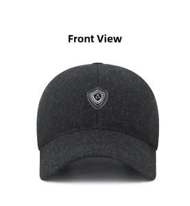 Front view of men's dark grey winter baseball cap with shield badge and thick fleece texture