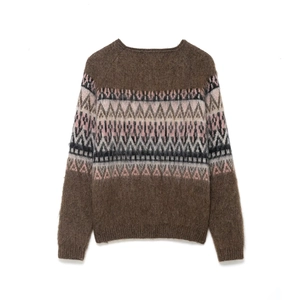 Women's vintage Fair Isle knit sweater in dark brown with geometric pattern back view