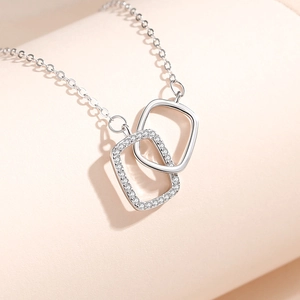 S925 sterling silver geometric double interlocking square ring necklace with zircon pavé