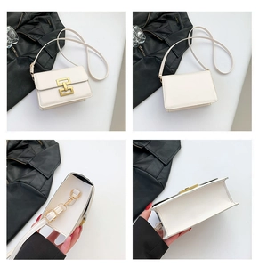 Detailed views of white vintage square crossbody bag with gold lock and adjustable strap